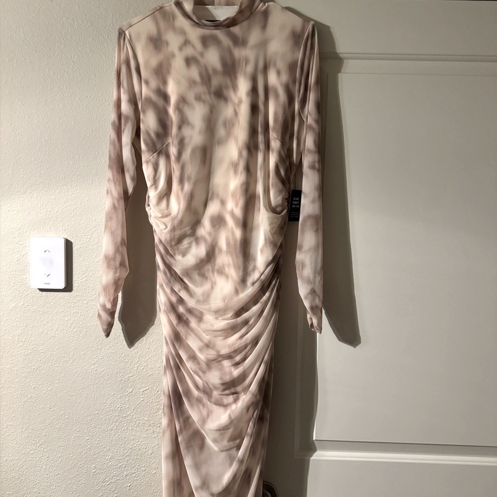 Express Cream and Brown Long Sleeve Bodycon Dress
